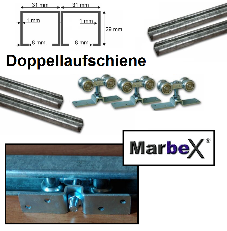 Doppellaufschiene 500 Kg, 400 Kg, 300 Kg, 250 Kg, 200 Kg, 180 Kg, 150 Kg, 100 Kg, 50 Kg