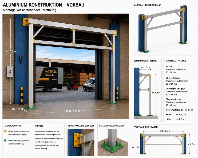 Technische Zeichnung der Aluminium-Unterkonstruktion für die PVC-Streifenvorhang Montage vor dem Tor