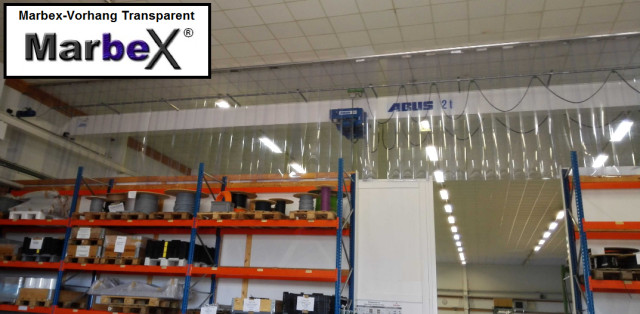 Industrievorhang Marbex Vorhang Decke Hallendecke Abtrennen Abtrennung Hallendach Karn Staubschutz Streifenvorhang Schutzvorhang