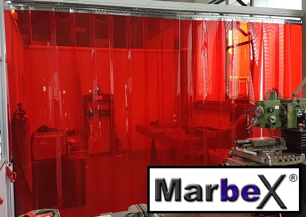 PVC Streifenvorhang Rot Transparent nach DIN-EN-1598-ISO 25980 zum Verschieben von Marbex